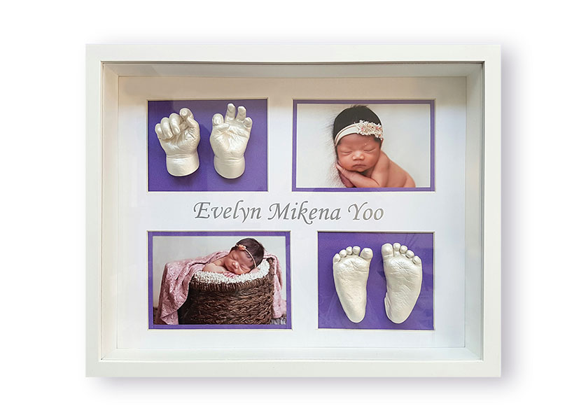 Evelyn Newborn Hands and Feet Memory Castings Shadowbox MCI Evelyn's Baby Hand and Feet Castings in a Classic Memory Castings Shadowbox Frame