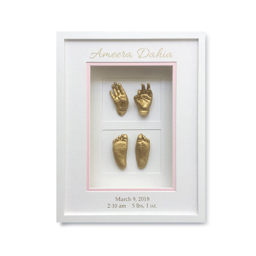 Classic Shadowbox Memory Castings with Gold Newborn Hands and Feet Sculptures